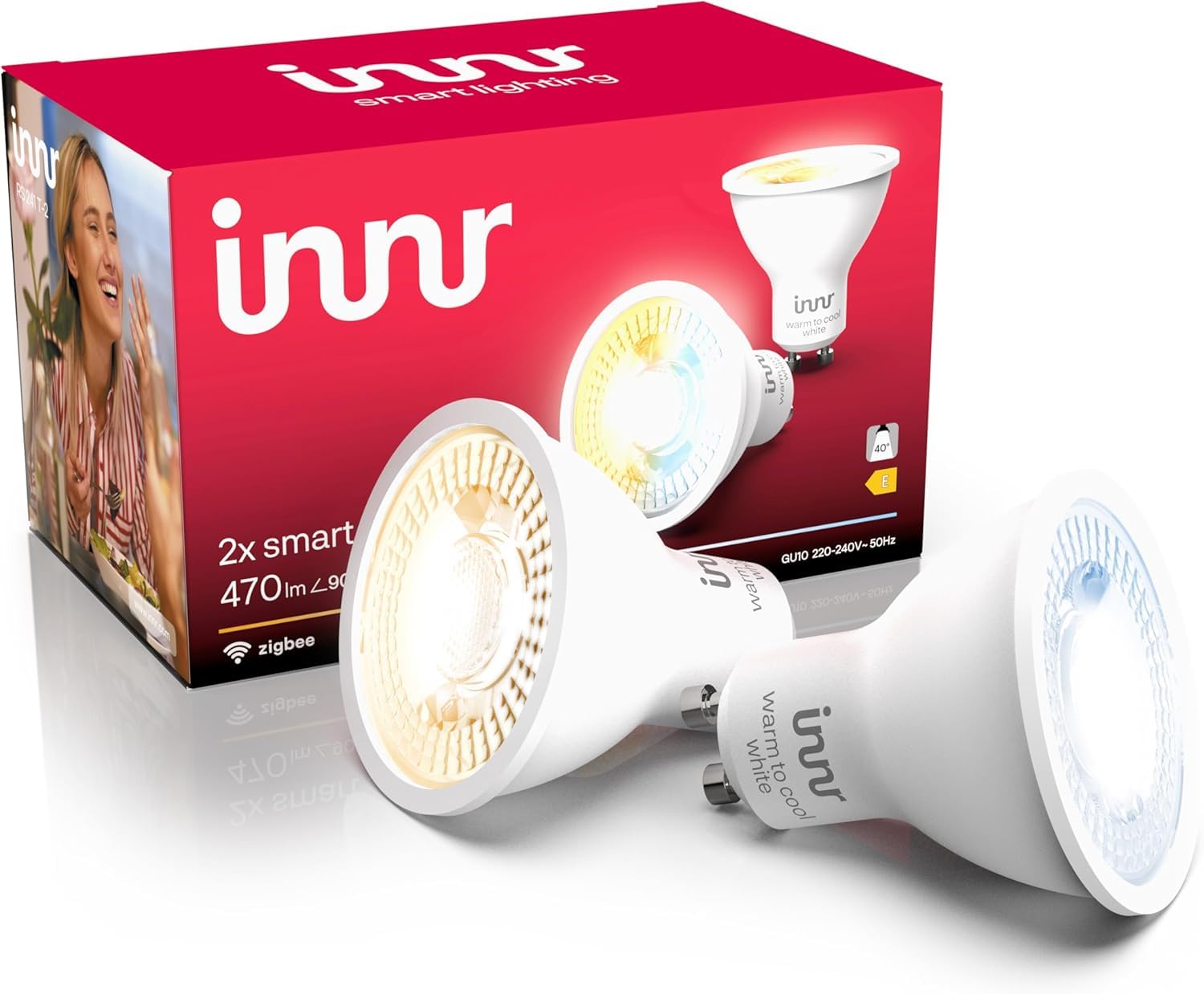 Innr Innr Zigbee GU10 Smart Bulb, Works with Hue*, Amazon Echo 4th Gen., Alexa (Bridge Required), Warm White to Cool White, LED Light Bulbs, Dimmable, 470 Lumen, 2 Pieces