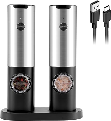 Electric Salt and Pepper Grinder Set with LED, Stainless Steel Automatic Salt and Pepper Grinder Set, Rechargeable Salt and Pepper Shakers Set