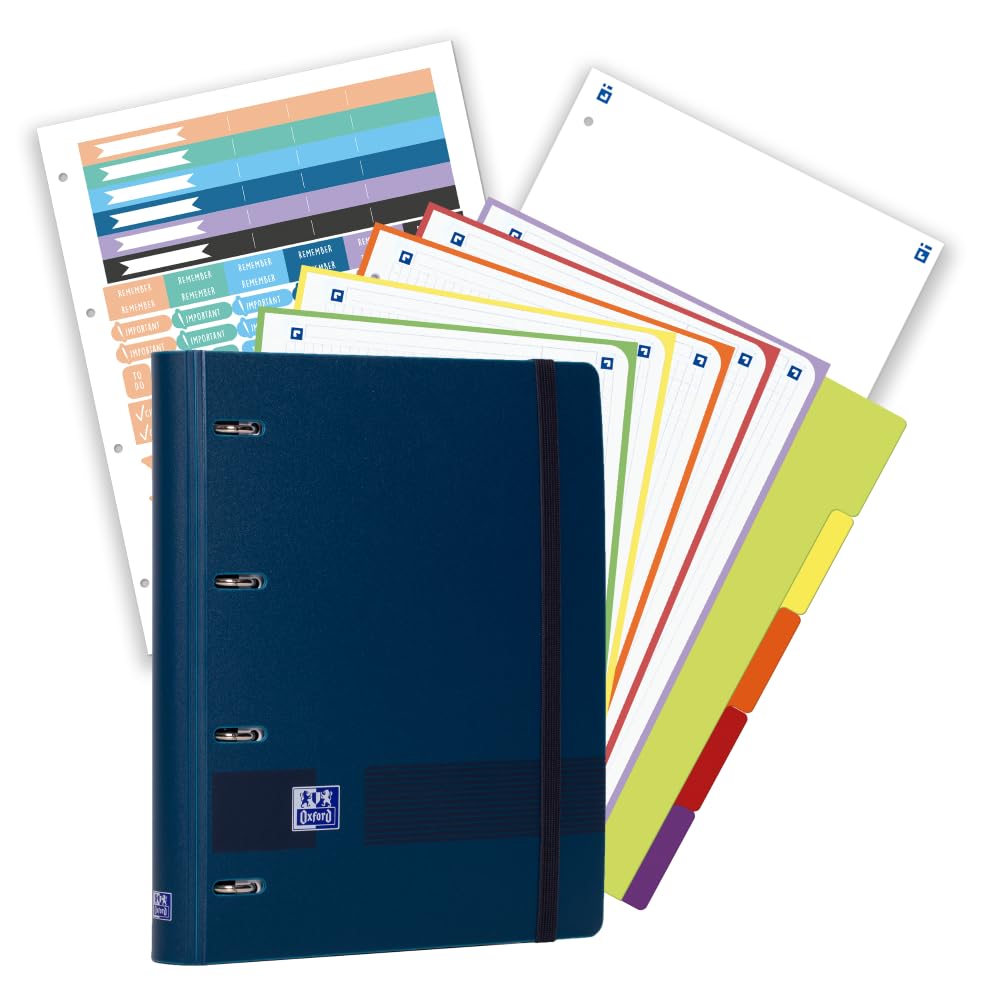 Oxford, Pack Archivador Live & Go A4+ 4 Anillas, Plástico Polyfoam, Incluye 2 Recambios con 5 Bandas de colores vivos, Cuadrícula 5X5 y Separadores de Plástico, Color Navy