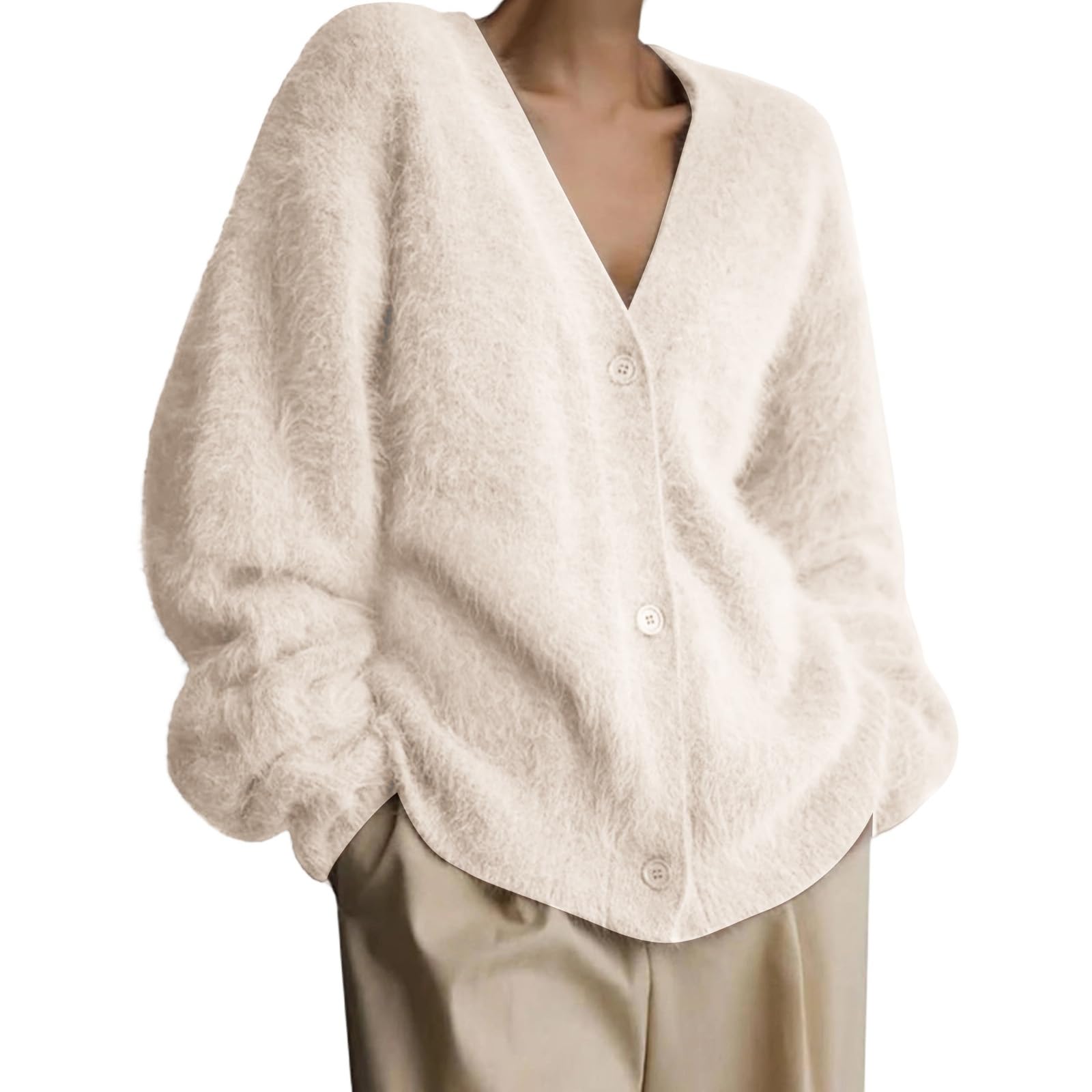 Womens Cardigan Sweaters Fuzzy V Neck Button Down Oversized Sweater Plus Size Long Sleeve Winter Cardigan
