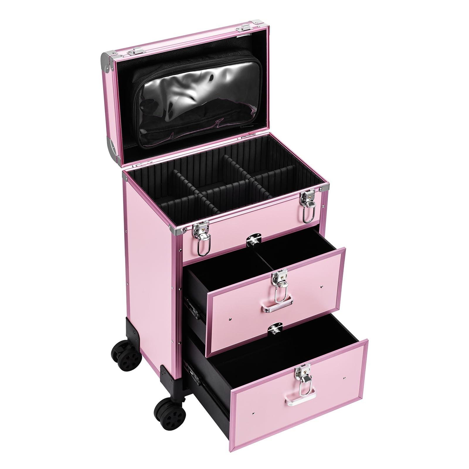 Adazzo Professional Rolling Makeup Train Case with Drawers, Large Cosmetic Trolley with Locks, Cosmetics Storage Organizer Make up Case for Travel Makeup/Nail Art/Hair Styling, Matte Pink