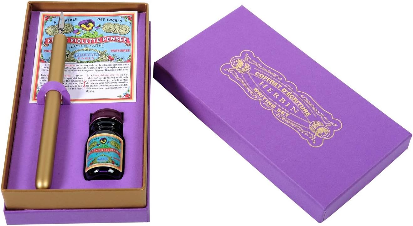 Herbin27277T - Writing box containing a gold pen holder, an l'Ecolière nib and a 10 ml bottle of Violette pensée/Violet Pansy ink