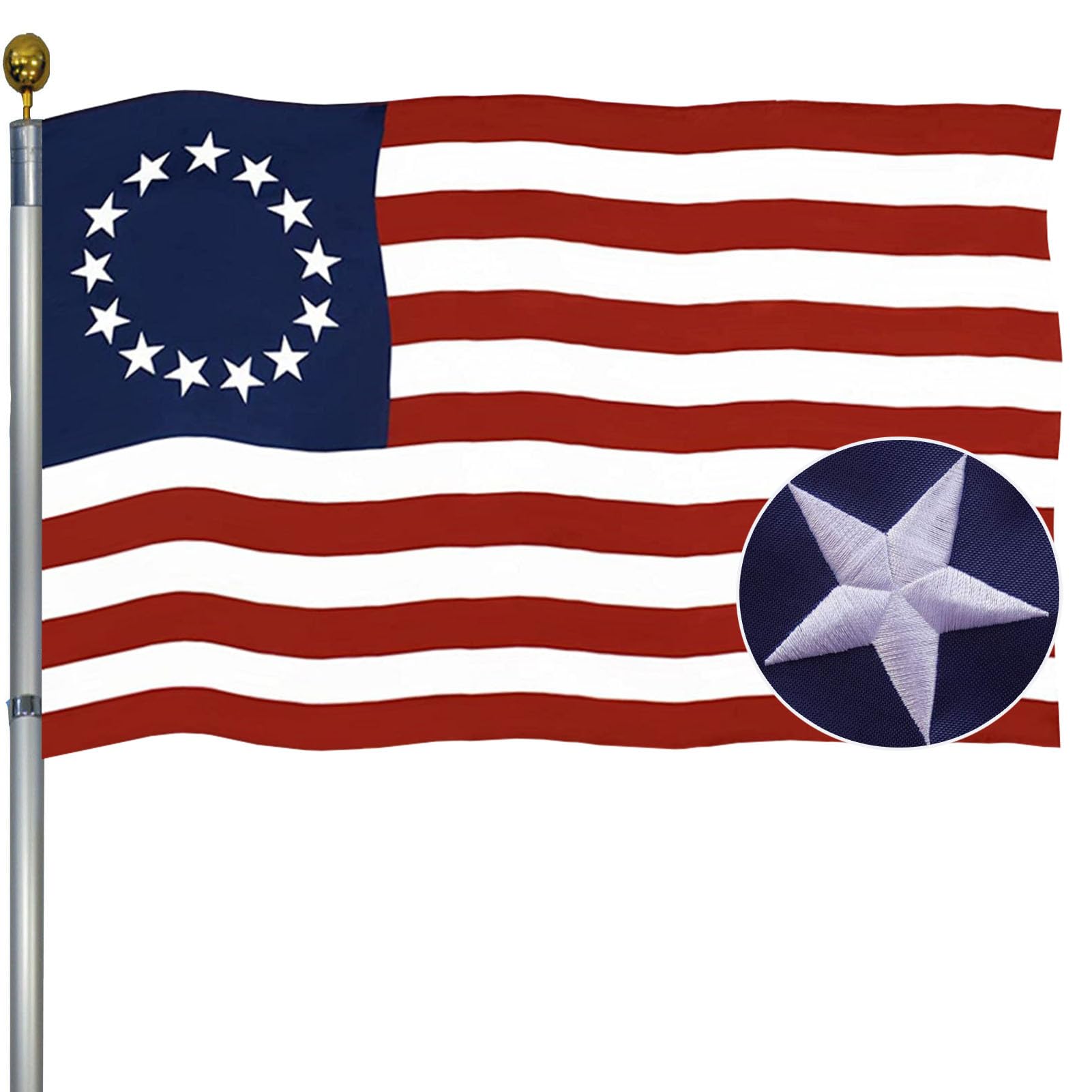 Embroidered Betsy Ross USA Flags 3x5 Outdoor US United States 13 Colonies Betsy American Flags Heavy Duty Vivid Colors 4 Rows Stitches Sewn Stripes with Brass Grommets for Outdoor Indoor Truck