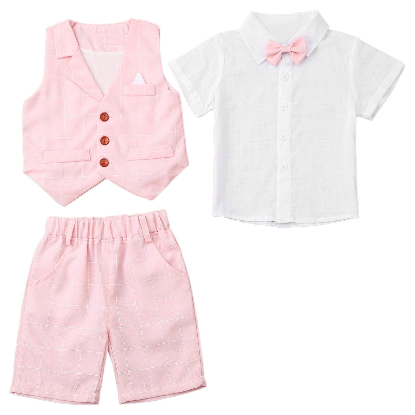 YEAHDOR Baby Boys Gentleman 3Pcs Formal Tuxedo Suit Short Sleeve Vest Shirt + Shorts + Bow Tie