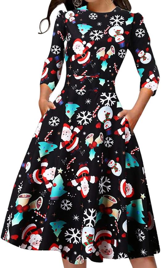 Elegant Christmas Dresses Long Sleeve Swing Dress, Women's Casual Xmas