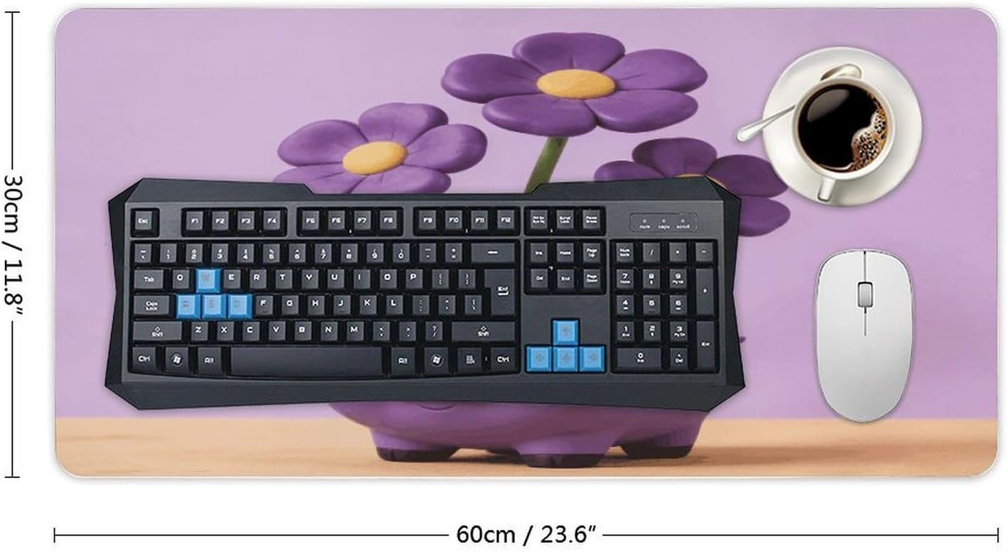 Personalized Large Purple Heart Piggy Pig Flowers Desk Mat - 24" X 12" Waterproof Office Desk Pad, Non-Slip Rubber Base Desk Protector, Easy-Clean Computer Mouse Pad for Work & Home image 2