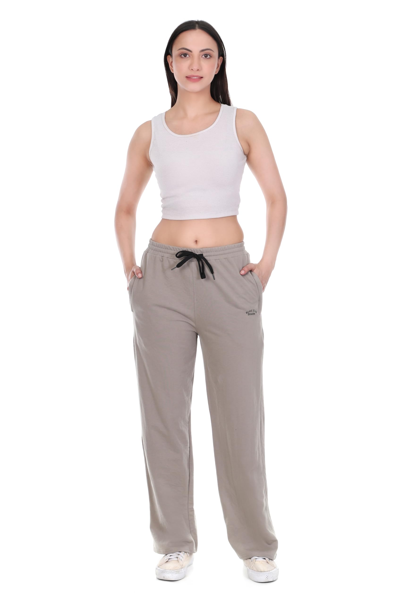 Anouk Cotton Track Pants for Women || Summer Trackpants for Ladies || Zipper Pockets || Comfortable Elastic Waist Activewear Joggers| Light Grey | XL in grey