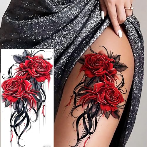 Image of 16 Sheets Watercolor Rose Flowers Temporary Tattoos For Women Adults Hands Decals, Realistic Feather Jewelry Pendant Fake Tattoos For Feet, Waterproof Butterfly Peony Lotus Floral Temp Tatoos Body Art