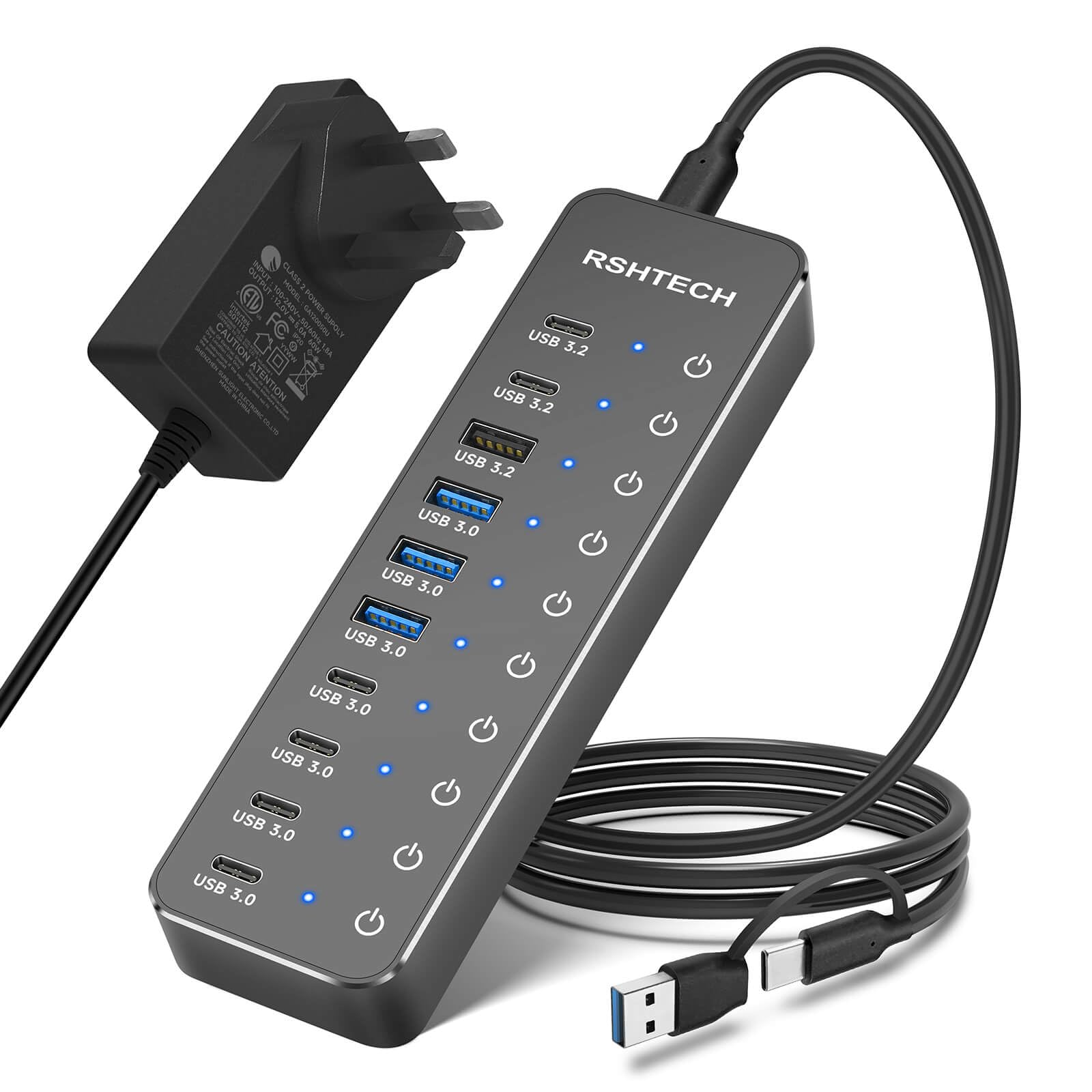 RSHTECH Powered USB C/3.2 Hub 60W, 10-Port USB HUB with 3x 10Gbps USB 3.2 Ports (2C+1A), 7x 5Gbps USB 3.0 Ports (4C+3A), 3.3ft USB-C/A Cable and 12V/5A Power Adapter-image-22
