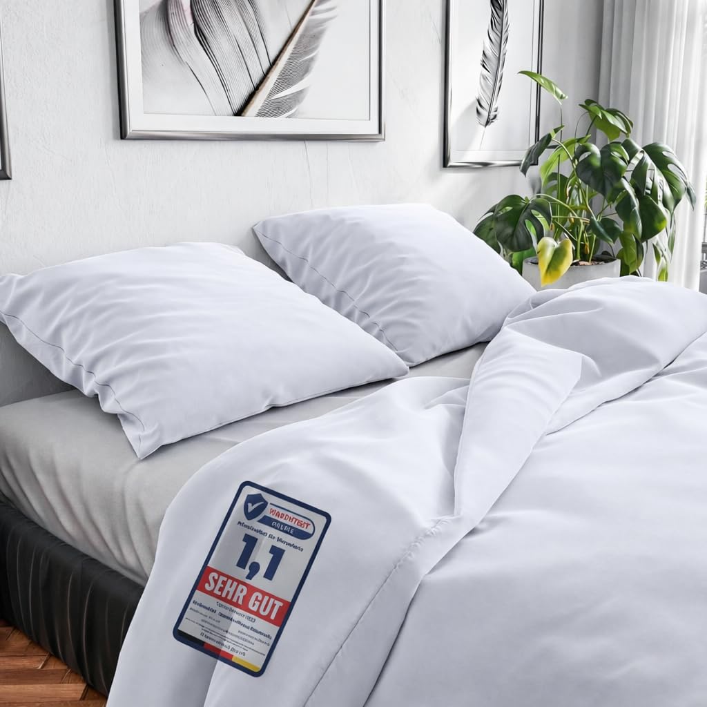 Wolkenfeld Bettwäsche 135x200 Baumwolle – 2X Bettbezug 135x200 + 2X Kissenbezug 80x80 – Atmungsaktiv, Hautfreundlich & Pflegeleicht – Ganzjahres-Bettwäsche mit Reißverschluss, Oeko-TEX – Weiß