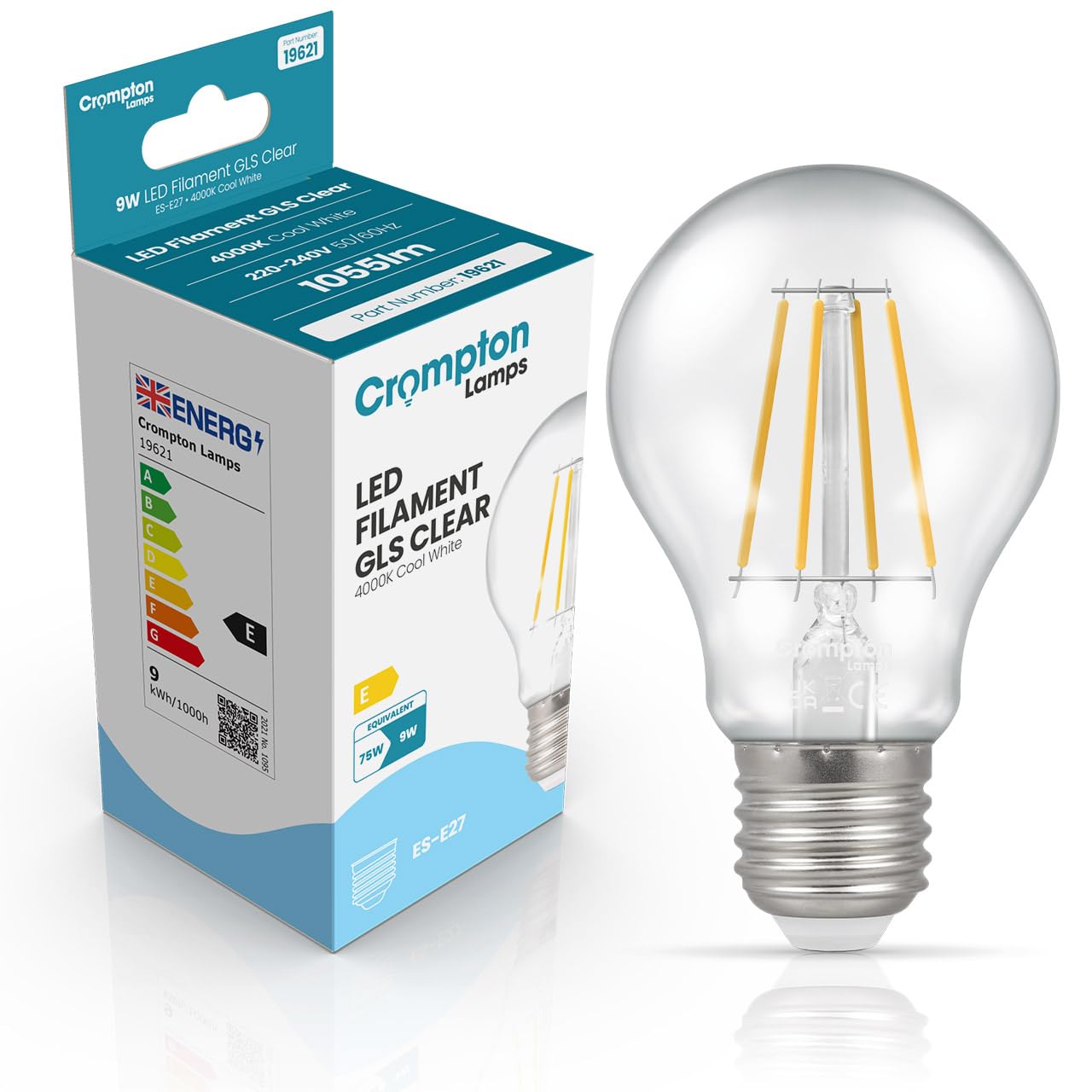 Crompton Lamps Filament GLS LED Light Bulb ES-E27 | 9W = 75W Equivalent | Cool White 4000K | Energy Efficient | Edison Screw Lightbulb | Long Life 15,000-Hrs | Clear Glass | Dimmable