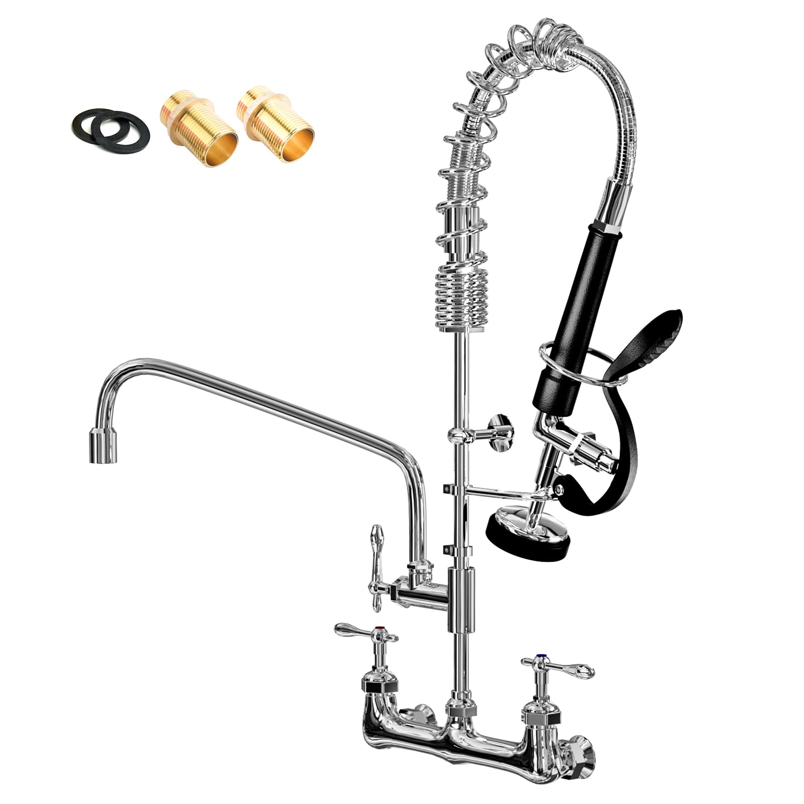 QANBAIN Commercial Sink Faucet,Commercial Faucet with Sprayer 8 Adjustable Center Wall Mounted Restaurant Faucets,12" Spout andPull-Down Pre-Rinse Faucet 25” Height Suitable for 1, 2 or 3 Sinks