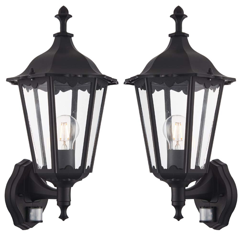 2 Pack IP44 Outdoor PIR Wall Lantern - Matt Black & Glass Traditional Motion Light