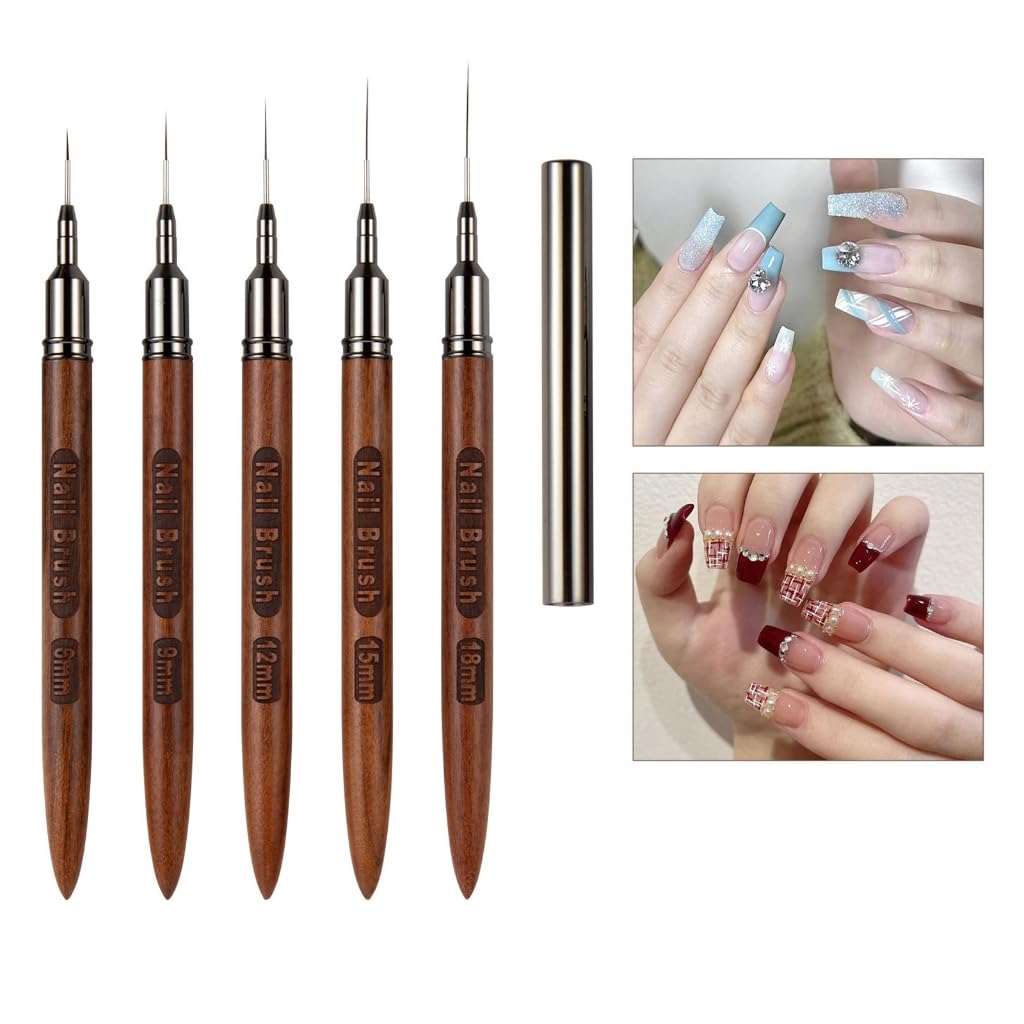 DAYnagh 6/9/12/15/18 mm Professional Wooden Nail Art Brush with Cap, 5 Pieces Brushes Extra Fine Ultra Fine Liner Set for Semi-Permanent Nail Polish Gel Acrylic Paint