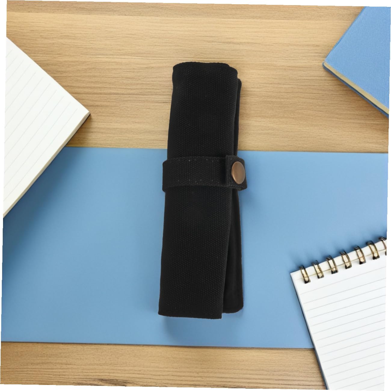 DOITOOL Portamatite a rotolo da 2 pezzi - Astuccio in tela con 5 scomparti e bottone automatico - Portapenne pieghevole nero per scuola, ufficio, penna ad acquerello, diario, cancelleria