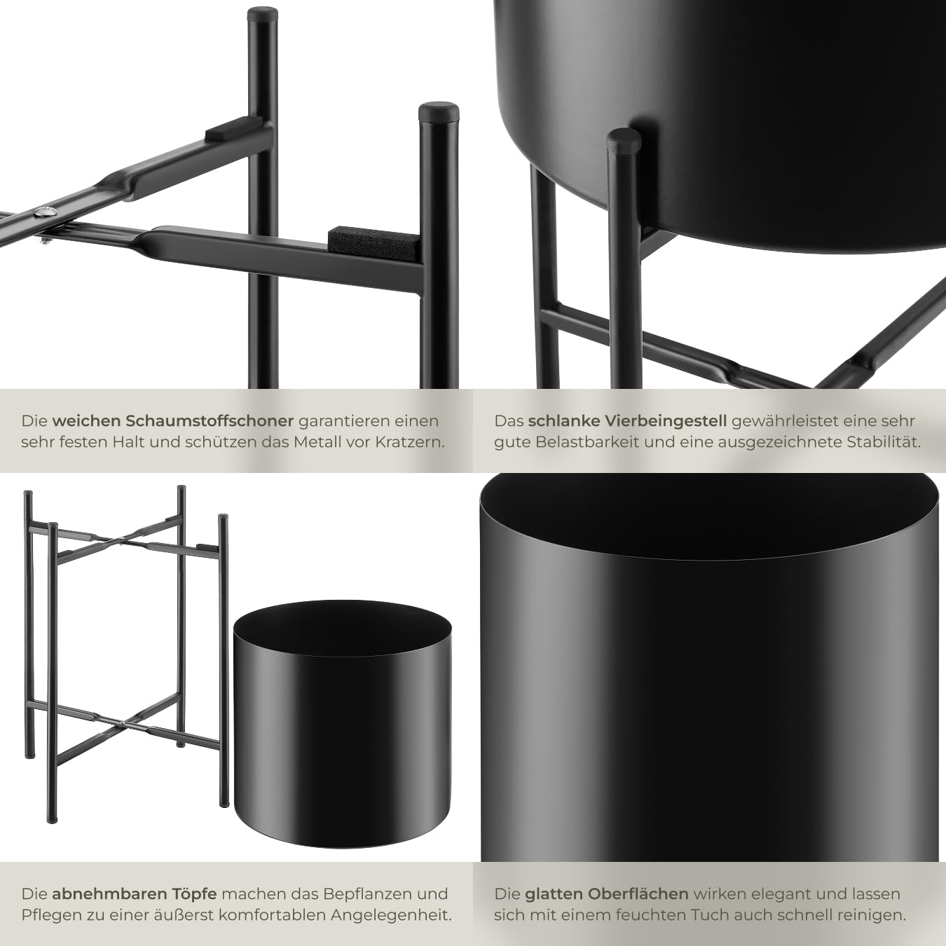 tectake® Pflanzenständer 2er Set, Blumenständer, Metall Blumentopf, abnehmbare Übertöpfe, Blumentöpfe als Deko Wohnzimmer, Übertopf für Innen und Außen, Blumenhocker mit Füßen und Übertopf - schwarz