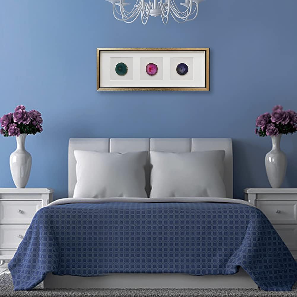 ARTECORS Modern 13x34 inch Trio Multicolor Agate Framed Wall Art Decor 4 inch Golden Plated Geode Stone Artwork for Restaurant Room Bedroom Home Decor