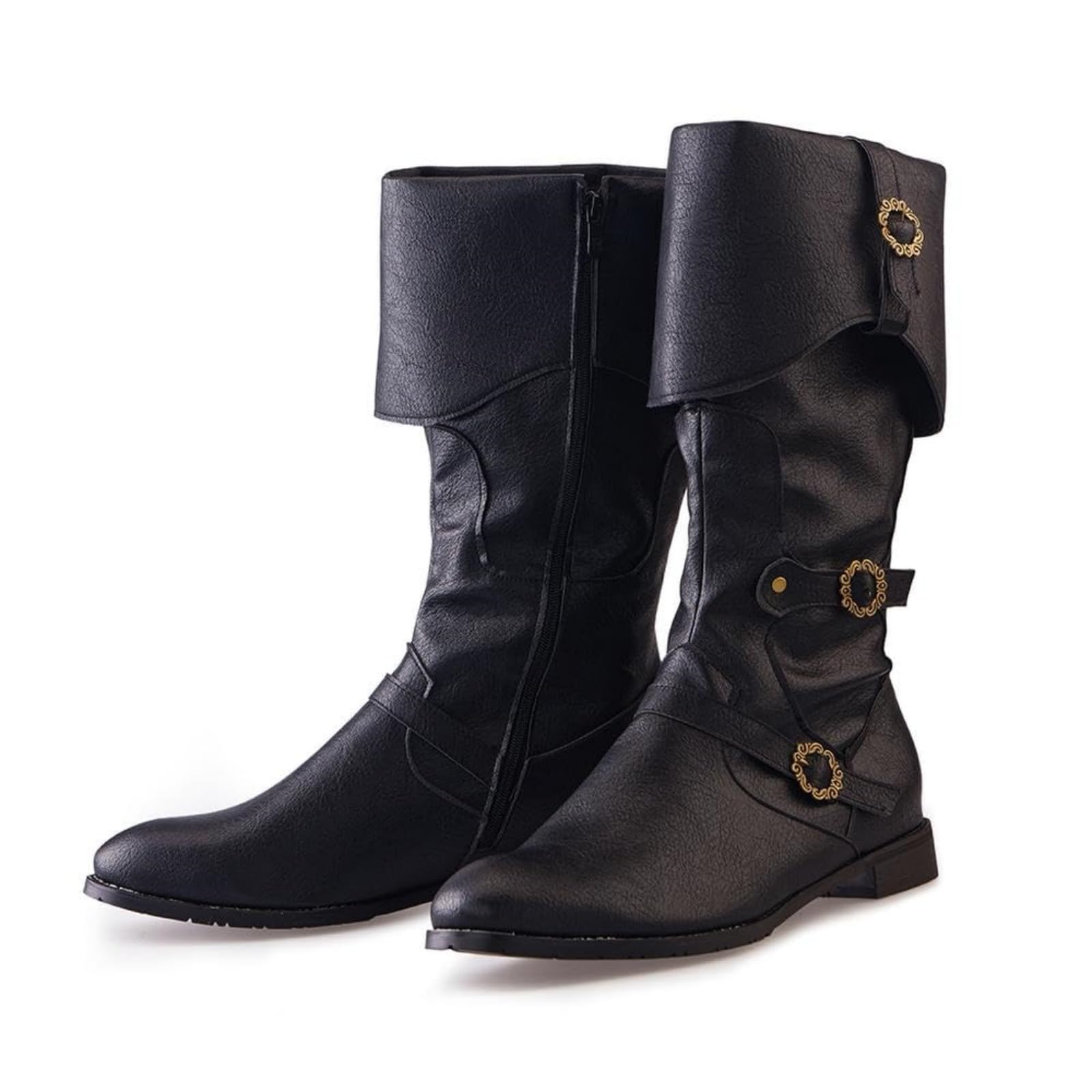Medieval Renaissance Faux Leather Boots Women Round Toe Side Zipper Mid Calf Booties with Buckle Non Slip Chunky