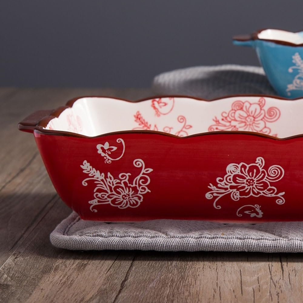 naczynie do pieczenia Czerwona wiśnia kwiatowa ceramiczna forma do pieczenia, prostokątna, dwuuchwytowa zastawa stołowa, naczynie zapiekania ryżu(Duży)