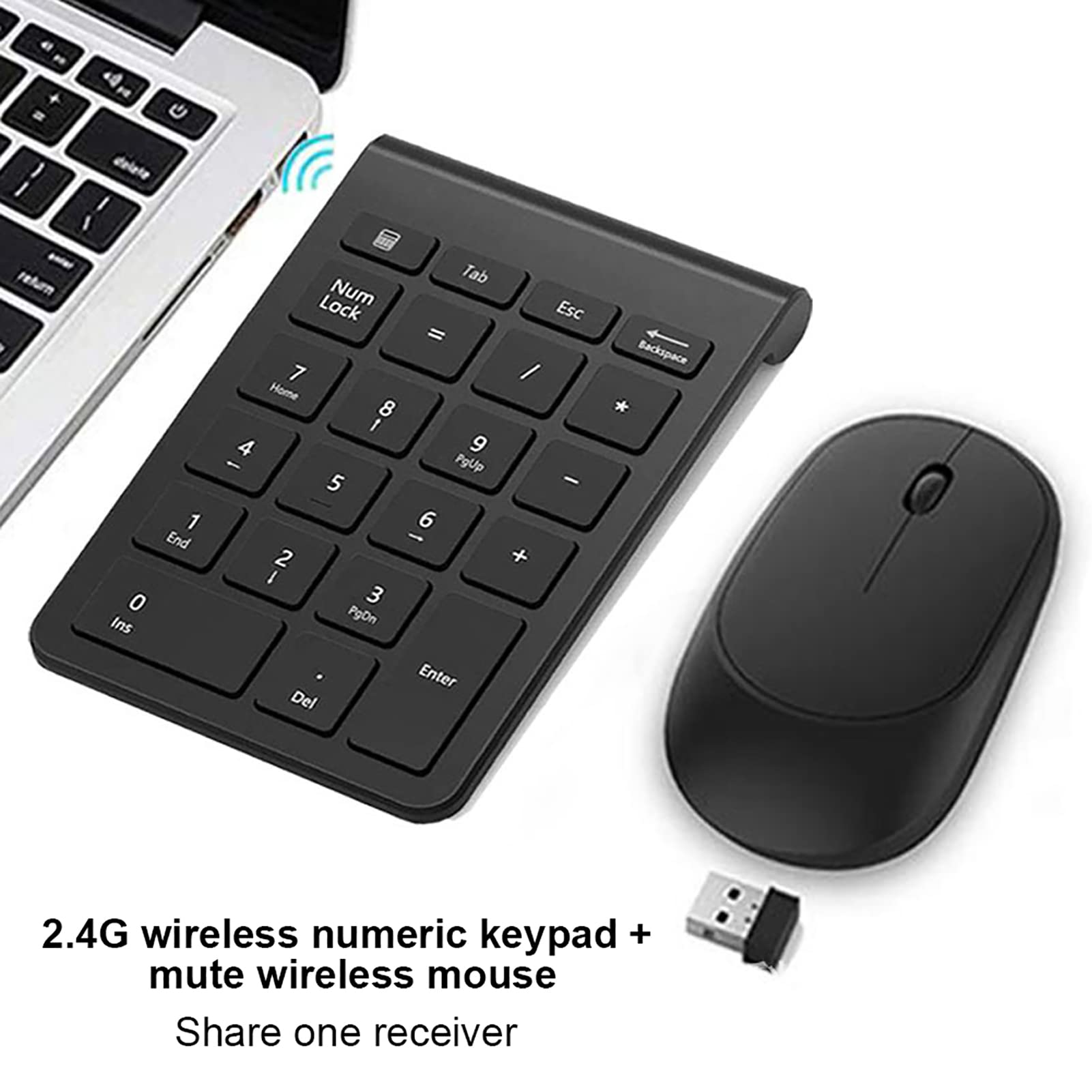 Denash Combo Tastierino Numerico e Mouse Wireless, Set di Tastierino Numerico e Mouse USB Wireless Ultra Sottile 2.4G 22 Tasti Portatile per Notebook