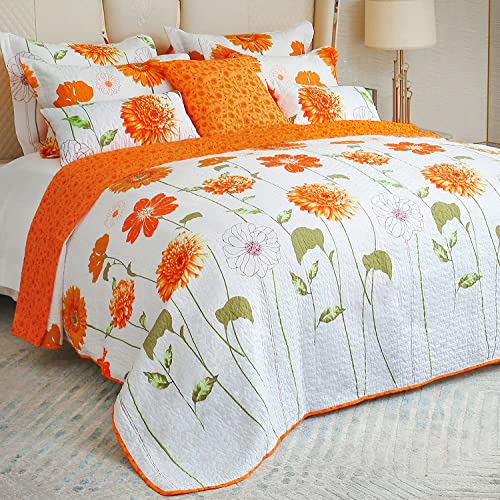 Evenhug 100% Cotton Quilt Twin Size Orange Sunflower Bedding Set Floral Lightweight Summer Quilt Reversible Coverlet Bedspread With1 Pillow Shams All Seasons 2 Pieces (Orange, Twin) #TOP1