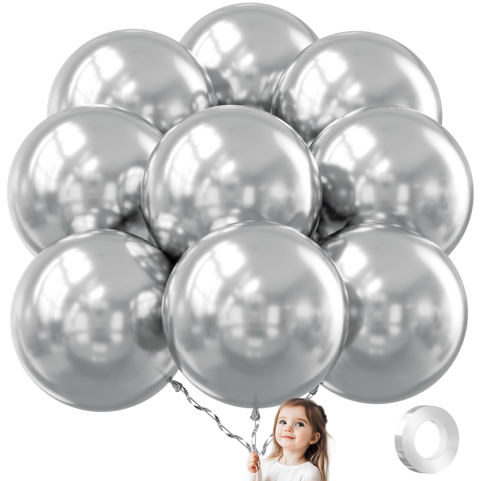 ADOINBY 36 Inch Metallic Silver Balloons, 9Pcs Giant Silver Balloons Jumbo Large Thick Big Latex Balloons for Birthday Baby Shower Wedding Anniversary