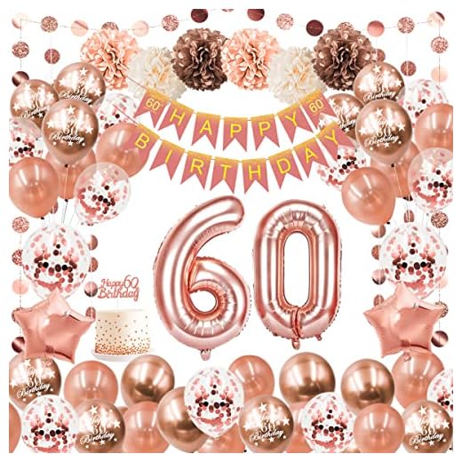 Globos 60 Cumpleaños Decoracione,60 Años Cumpleaños Decoraciones Oro Rosa,60 Cumpleaños Decoración Globos de Látex Dorado Papel,Pompones de Papel para Mujeres Adultos feliz Decoración Reutilizable