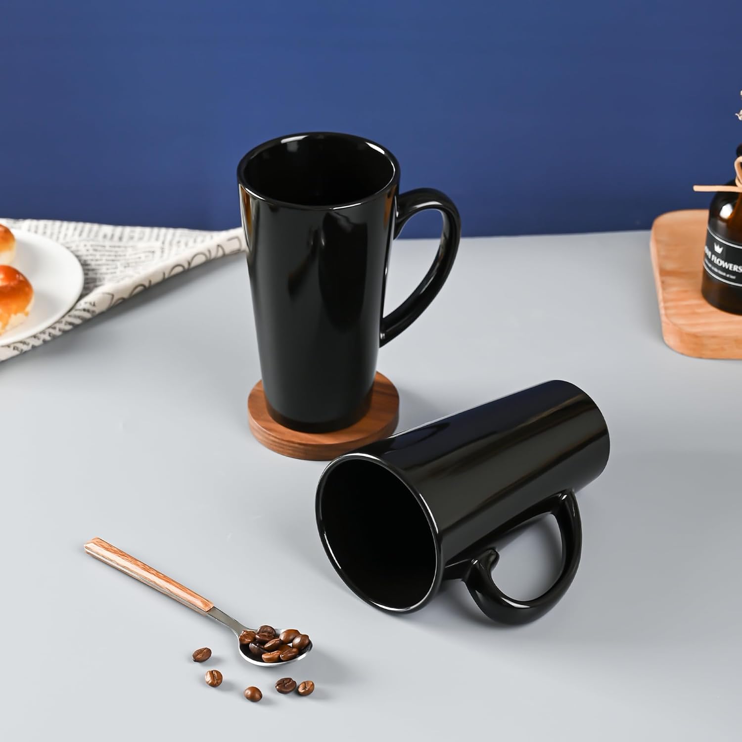 BYCNZB 16oz black Funnel Ceramic Tall Coffee Mugs for Coffee, Tea, Cocoa, Latte, Milk set of 4(Black)