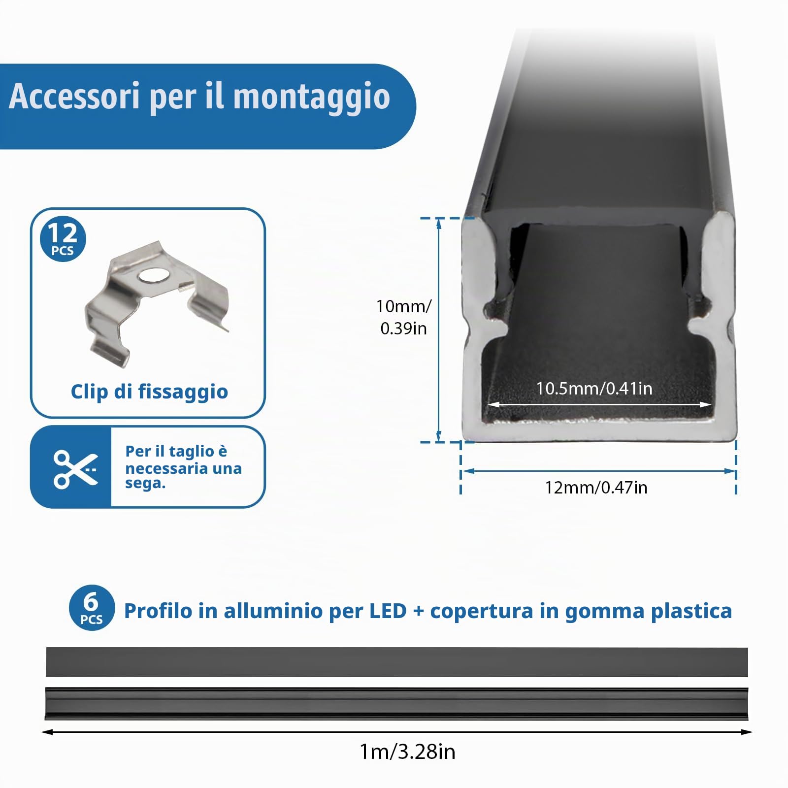Profilo LED in alluminio, 6×1M forma U canale 12×10mm per pannelli acustici con clip di montaggio nero diffusore canale impermeabile per striscia LED per luce omogenea al neon (nero, 6×1m)