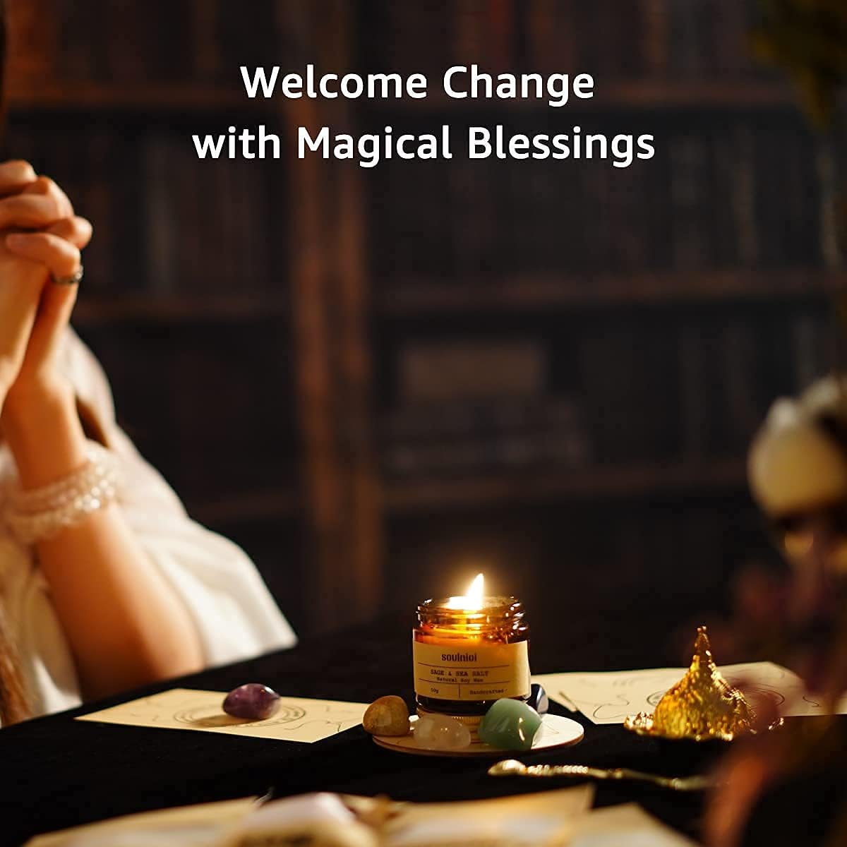 Witchcraft Kit for Wiccan Supplies and Tools, Sage Candles for Cleansing House, 4 Magic Herbs, 7 Healing Crystals for Altar Supplies, Wiccan Decor, Wiccan Gifts for Women