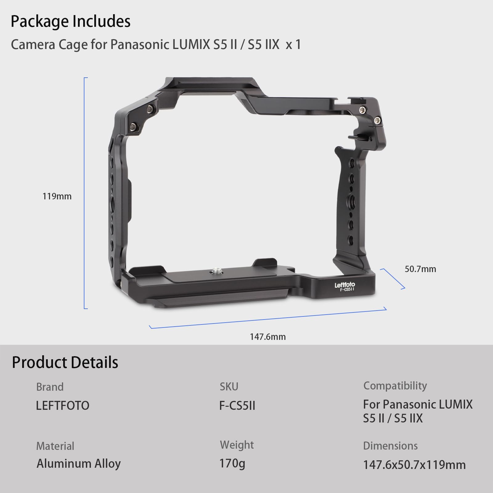 Leftfoto Cage de caméra S5 pour Panasonic LUMIX S5 II – Cadre de protection avec base Arca, rail NATO et filetages ARRI, compatible DJI RS2 – Prise de vue vidéo Vlog