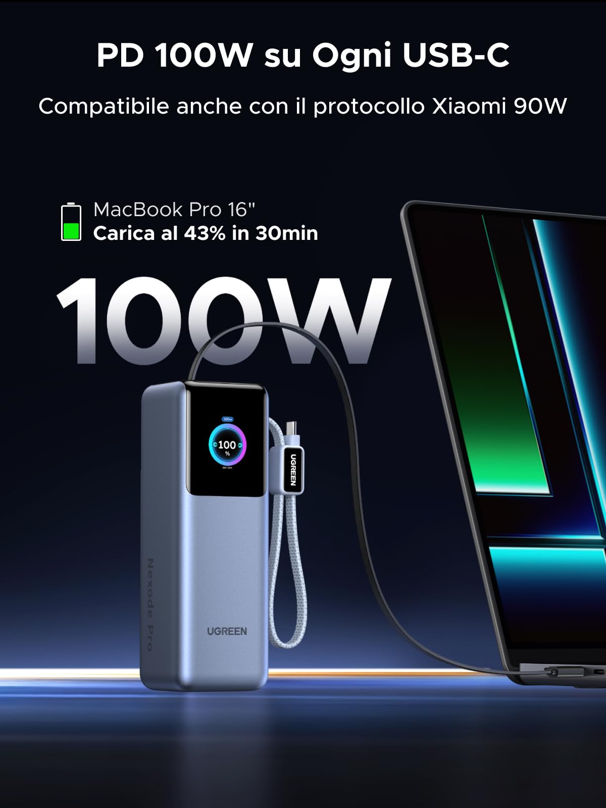 UGREEN Nexode Pro 200W Power Bank 25000mAh Portatile Ricarica Rapida 2 Cavo USB C 100W 2 Porta Schermo TFT Compatibile con iPhone 17 16 15 Air Plus Pro Max Galaxy S25 S24 S23 Ultra MacBook iPad