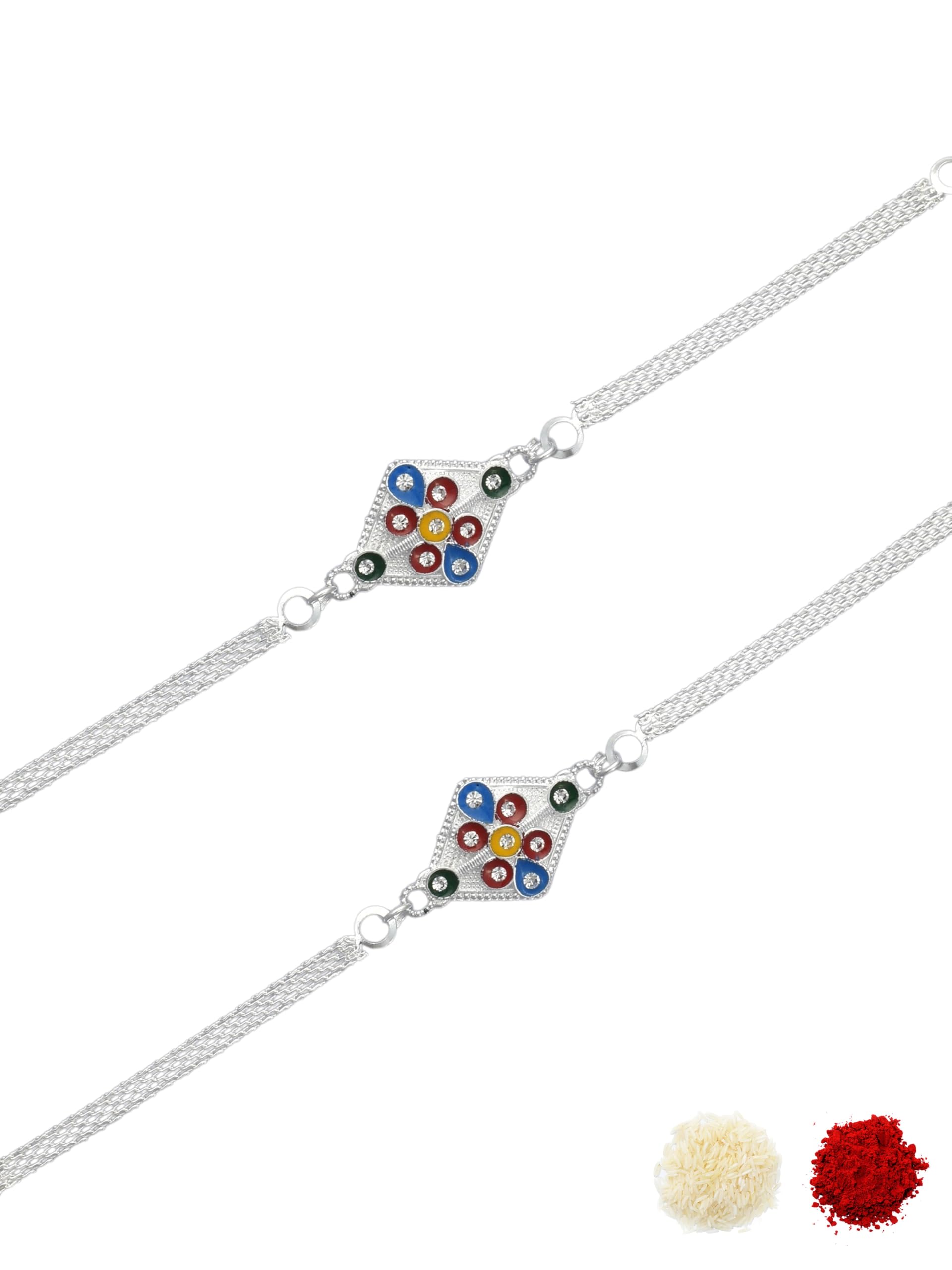 Premium Multi-coloured Minakari Finish Silver-Plated Pack of 2 Bracelet Type Chain Stylish Rakhi for Raksha Bandhan for Brother, Bhai, Bhaiya, with Roli Chawal and Greeting Card-97-image-34