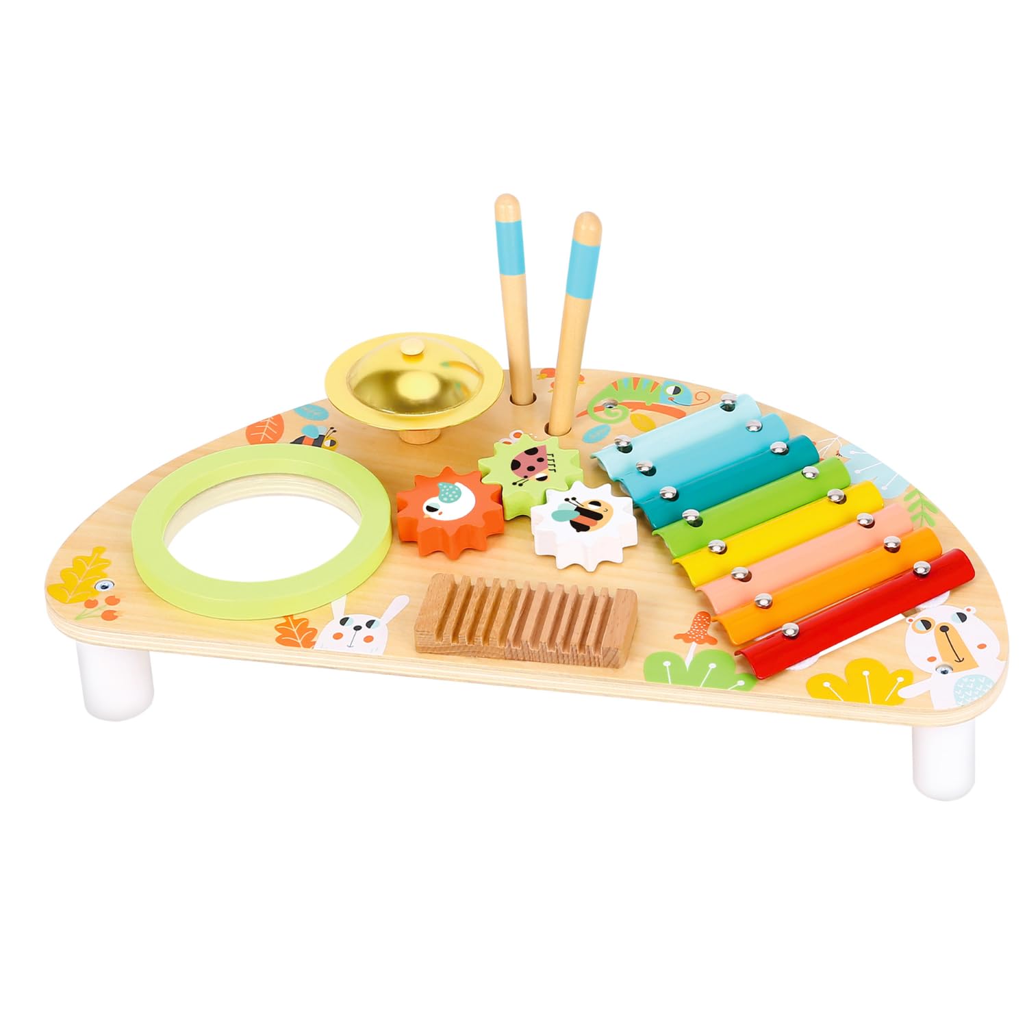 Momo Kids® Mesa Musical Infantil Multifunción | Juguete Montessori 2 años Madera| Tambor Infantil, Xilofono Bebe, Platillo, Ruedas Sensoriales, Rascador y Baquetas | Regalo Niña 2 Años