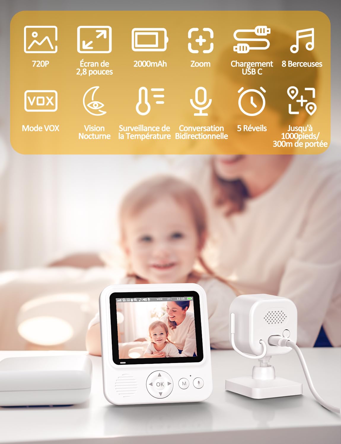 OBVHNUA Babyphone Camera 2,8 Pouces Caméra Bebe 720P IPS LCD Baby Phone Vidéo 2000mAh USB-C Moniteur avec 2-4X Zoom VOX Vision Nocturne Communication Bidirectionnelle Capteur de Température Berceuses
