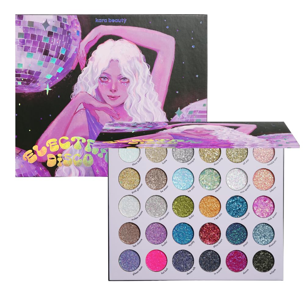 KARA BEAUTY ELECTRIC DISCO Glitter Eyeshadow Palette – 30 Color Pressed Glitter Makeup Palette for Face, Body & Eyes No Glue Needed Chunky & Fine