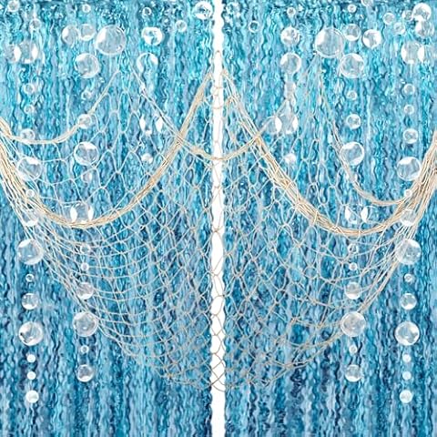 ZERODECO Party Decorations, Natural Fish Net with Fringe Curtain and Bubble Garlands for Nautical Decor Pirate Party Kids Birthday Under The Sea Party Mermaid Decor Room Wall Decor Cover