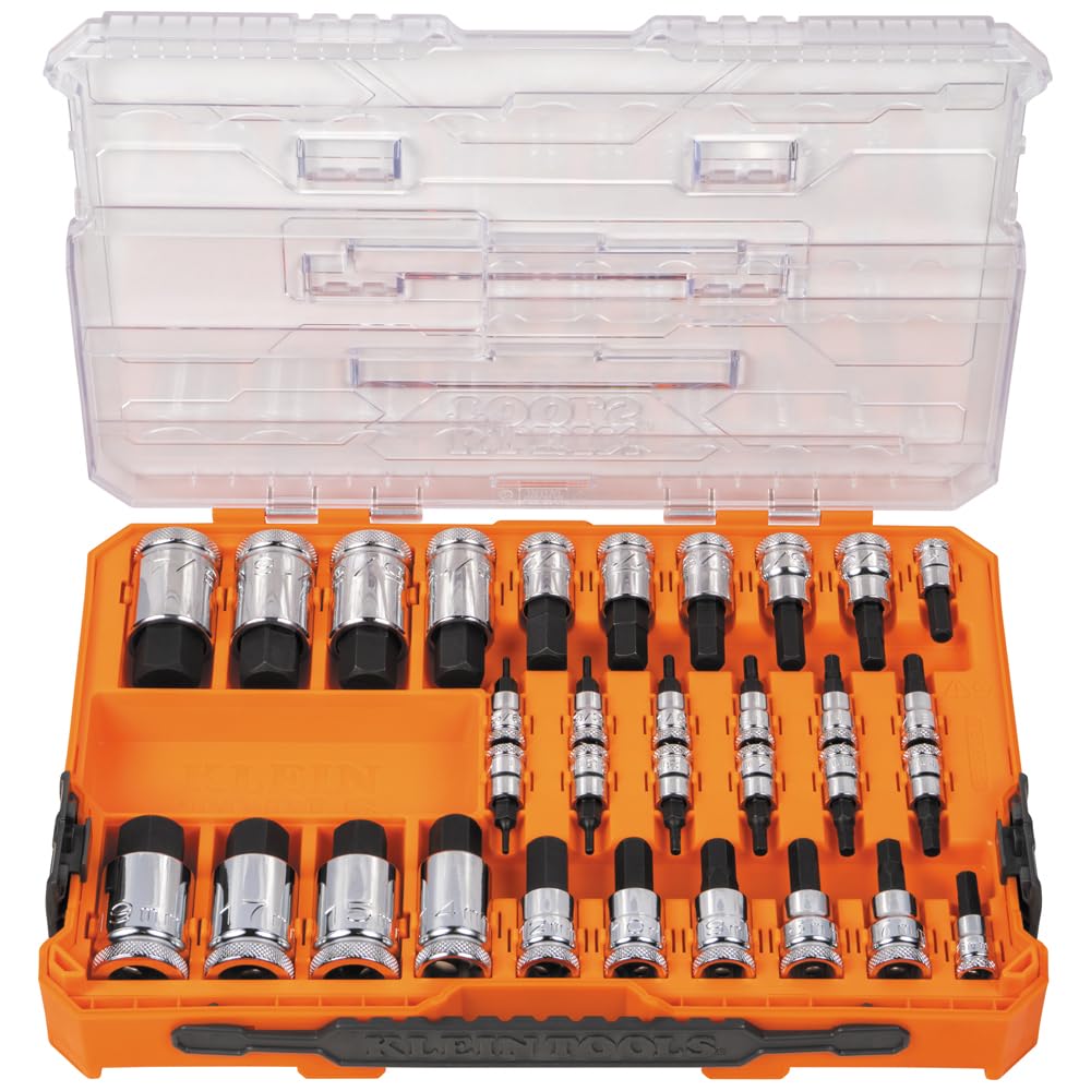Klein Tools 65233HEX Hex Bit Socket Set, 1/4, 3/8, 1/2-Inch Drives, Knurled, SAE (5/64 to 3/4 inch) and Metric (2 to 19mm) with MODbox Case, 32-Piece