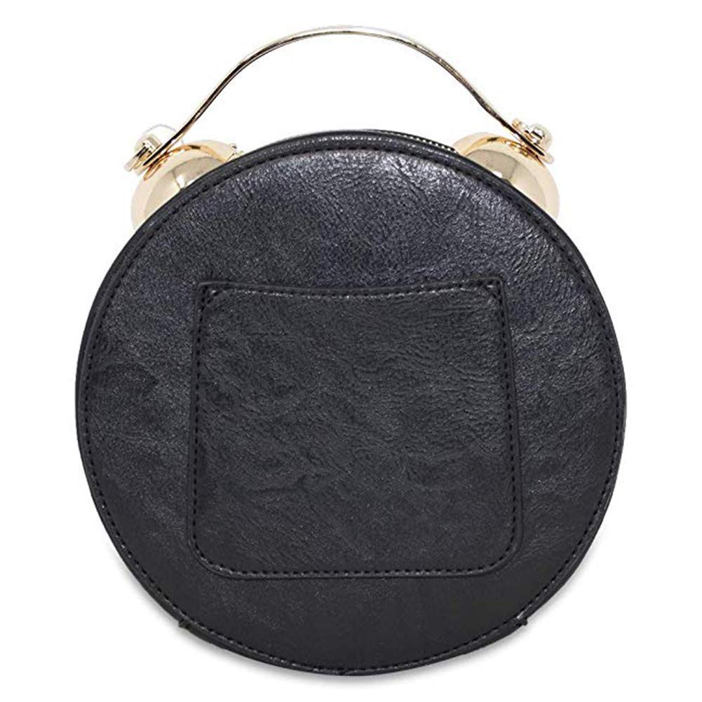 Clock Bag Echt Arbeiten, Vintage-Umhängetasche Messenger Bag, Steampunk-Stil-Form Ledertasche Kreishandtaschen-Ketten-Schulter Weibliche Tasche (Black)