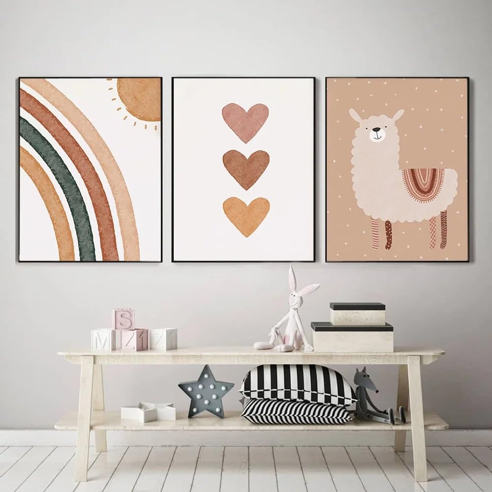 WUHBCZ Canvas Paints-Abstract Painting Alpaca Canvas Print Rainbow Sun Heart Nursery Posters Boho Wall Art Pictures Bedroom Home Room Decoration-60 * 80cm/3PCS (No Frame)