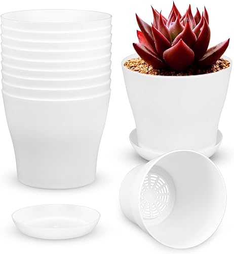 ruishetop Paquete de 18 macetas de plástico de 55 pulgadas para interiores y exteriores con agujeros de drenaje y bandeja para el hogar jardín