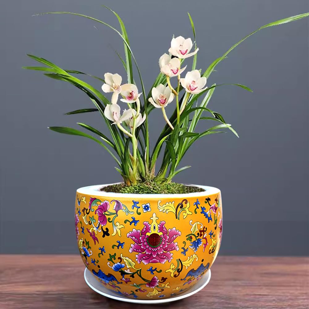 Doniczka na rośliny chinoiserie, róg obfitości do roślin pokojowych, orientalna doniczka na rośliny, orientalna porcelana chińska, azjatycka keram (nie perforowana – 21 cm x 13 cm)