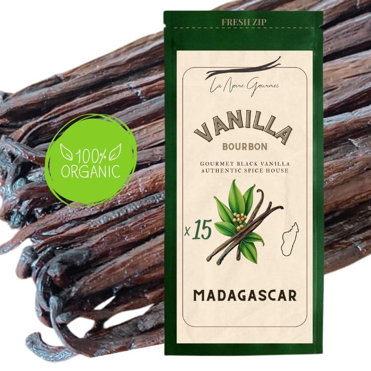 BIO - 15 Vainas de Vainilla Bourbon ecológica de Madagascar tamaño XL 17-19 CM - La Noire Gourmet : ¡Auténtico y exquisito sabor ! -Bolsa fresca resellable con cremallera