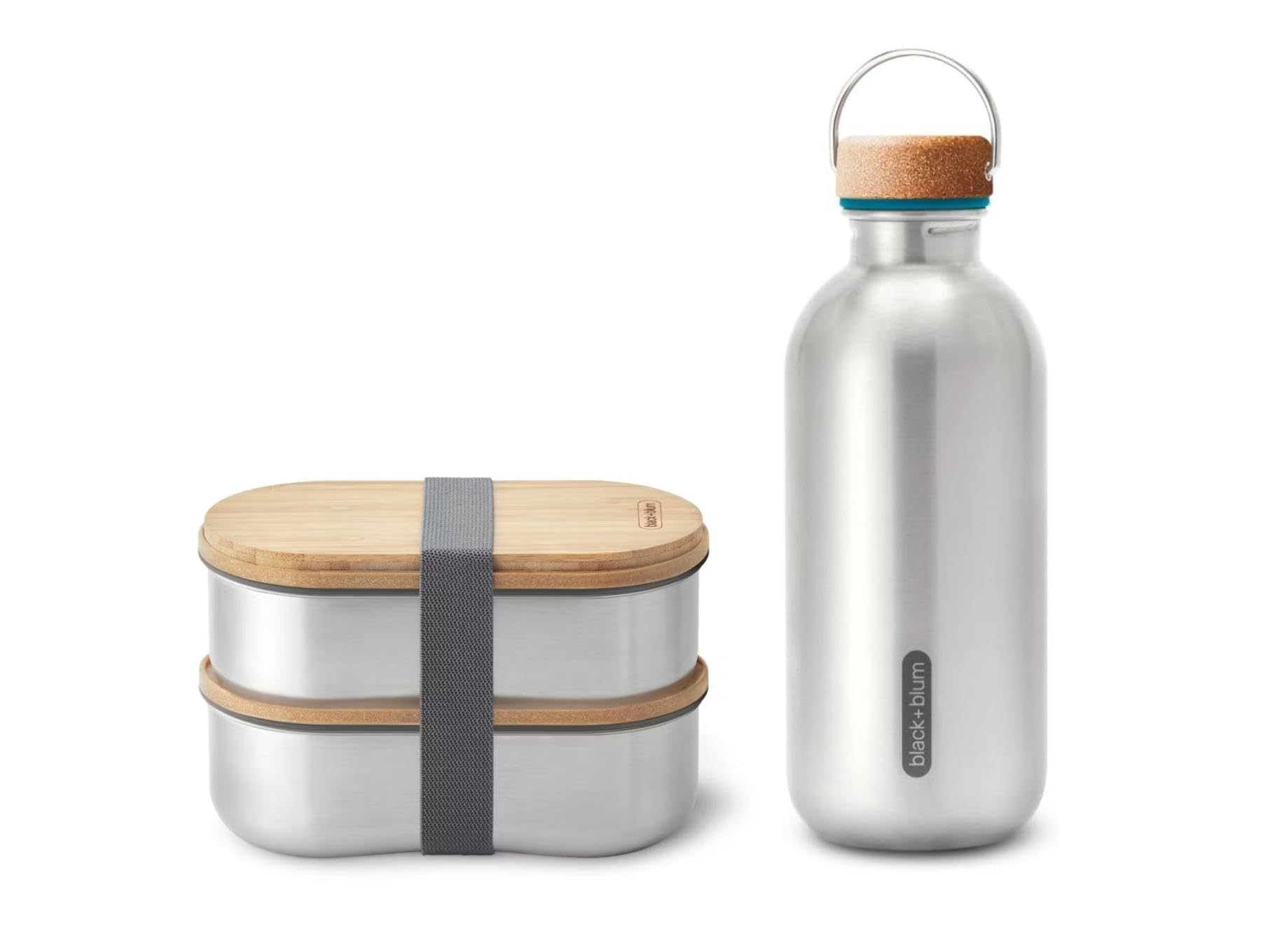 BLACK + BLUM - Bento Box Empilable en Inox 2 x 500ml avec Fourchette et Gourde en Acier 600ml - Ensemble Lunch Box avec Couvercle et Bouteille Étanche