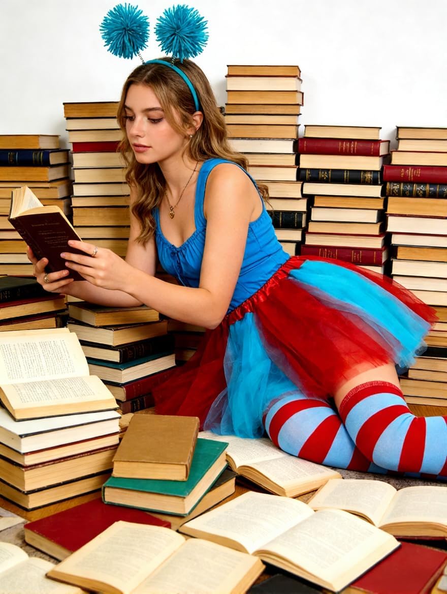 Women Costume Accessories Set Pom Pom Headband Red Blue Tutu Skirt Tutu Skirt Accessories Striped Socks Gloves for Halloween Party Supplies（Red and Blue） - Image 6