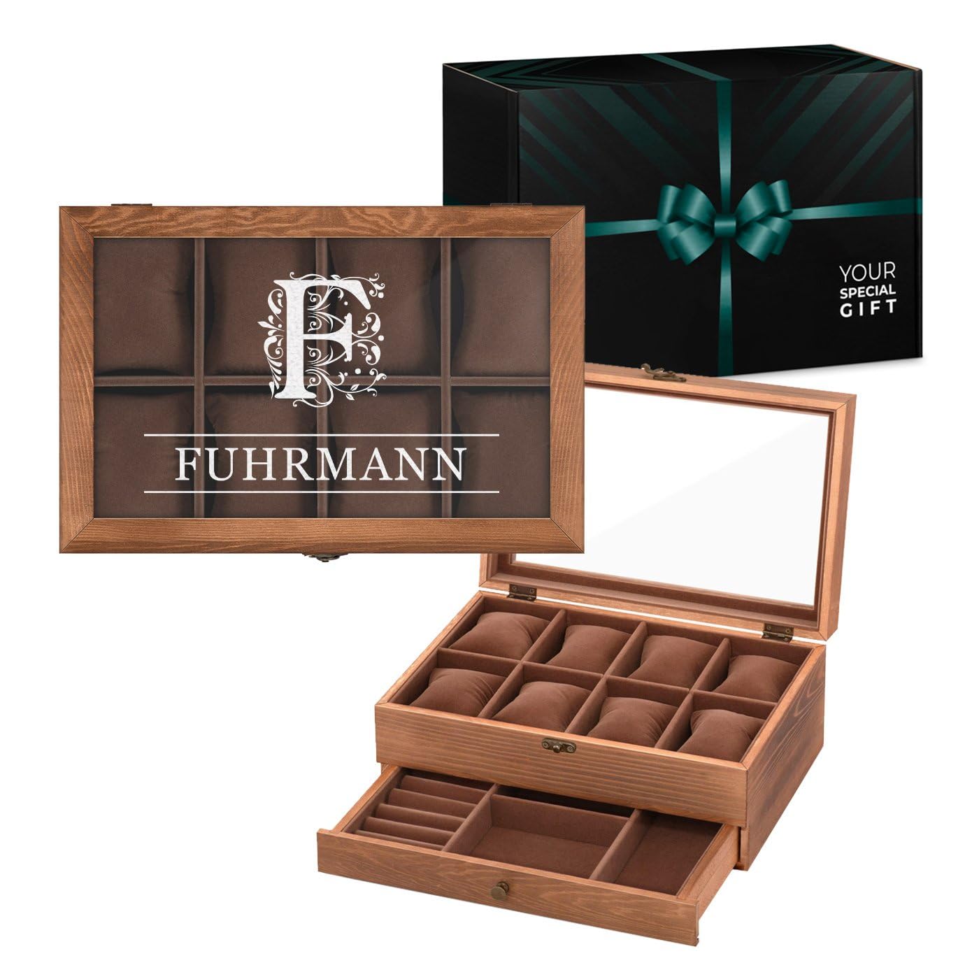Maverton Uhrenbox mit Gravur - braune Uhren Aufbewahrungsbox für 8 Uhren mit Glasdeckel und Schublade für Schmuck - funktionale Schmuckschatulle für Frauen und Paar - 30x20x12,5cm - Monogramm | Schmuckkästchen mit 8 Fächern und Schublade, für Geburtstag,