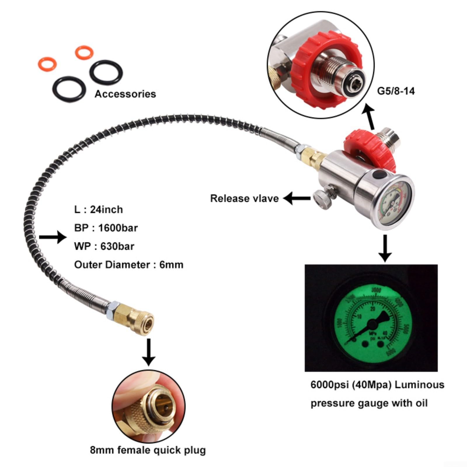1 manometro per immersioni subacquee G5/8 a 7/8 adattatore di riempimento, doppia luminosità 6000/5000 PSI, tubo a molla da 24 pollici, acciaio inossidabile rame, nero rosso per ricarica