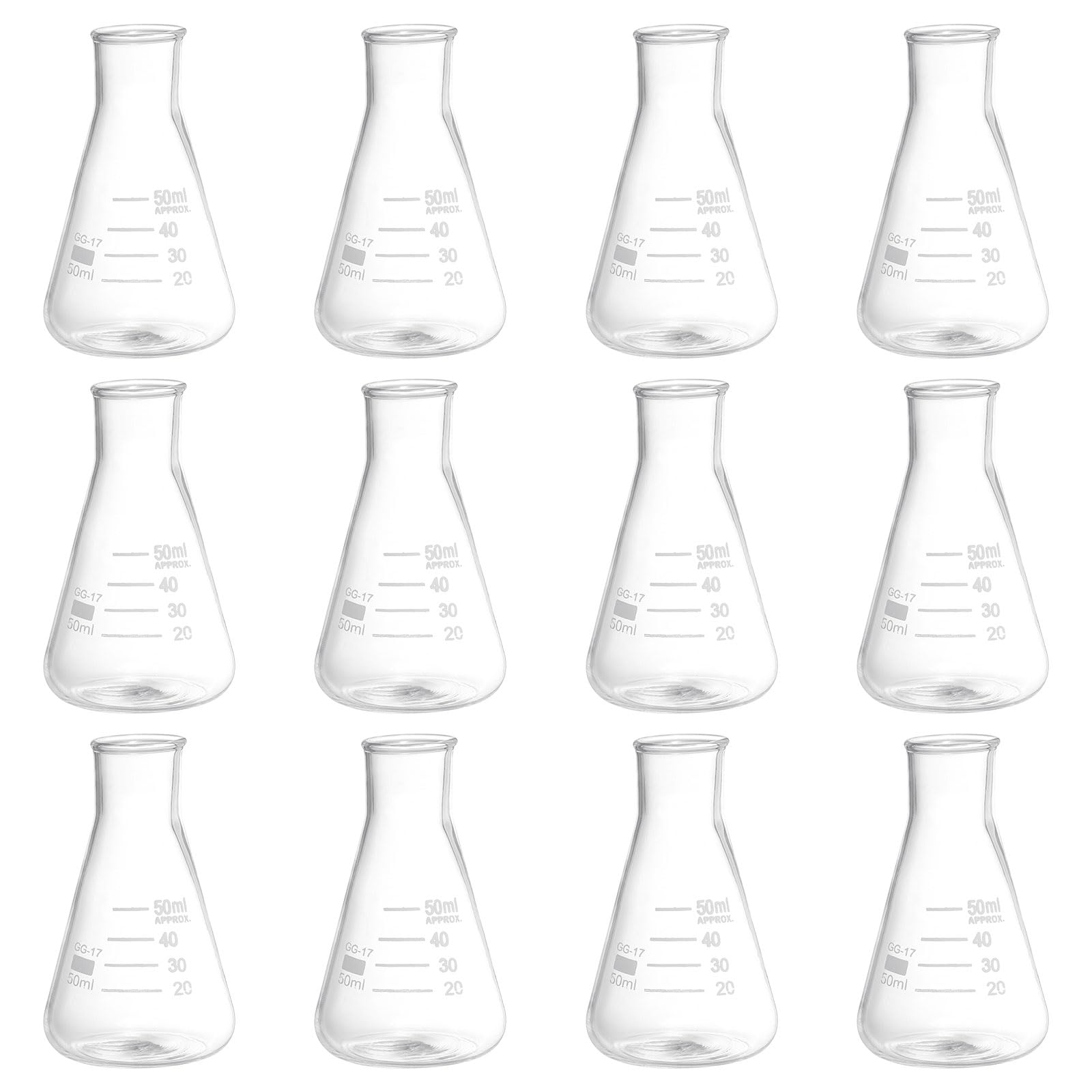 PATIKIL Ampolla Erlenmeyer, 12pz 50ml Ampolle a Bocca Stretta in Vetro Borosilicato con Graduazione Stampata per Laboratorio, Sperimentazione, Chimica, Studio Scientifico