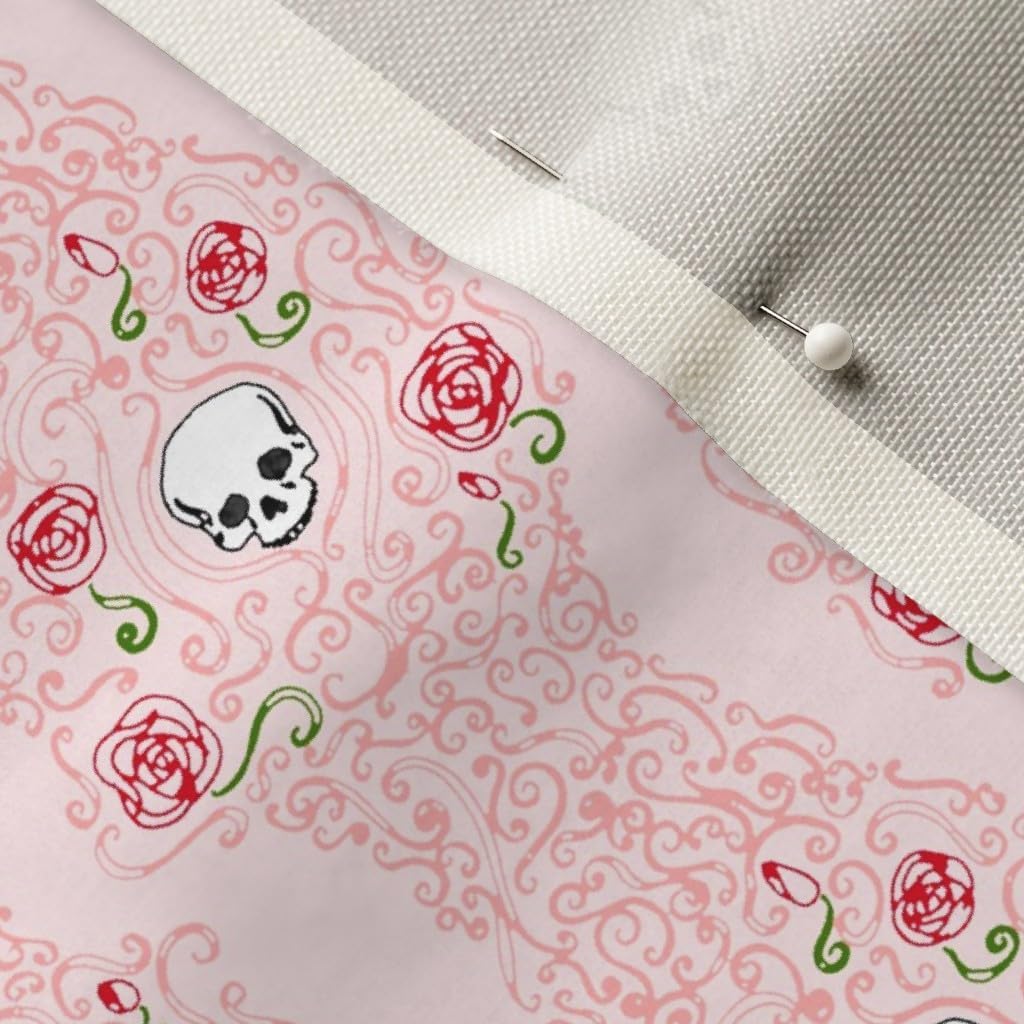 Spoonflower Fabric - Wild Roses Pink Small Skull Skulls Rose Flower Flowers Art Printed on Upholstery Velvet Fabric Fat Quarter - Upholstery Home Decor Bottomweight Apparel