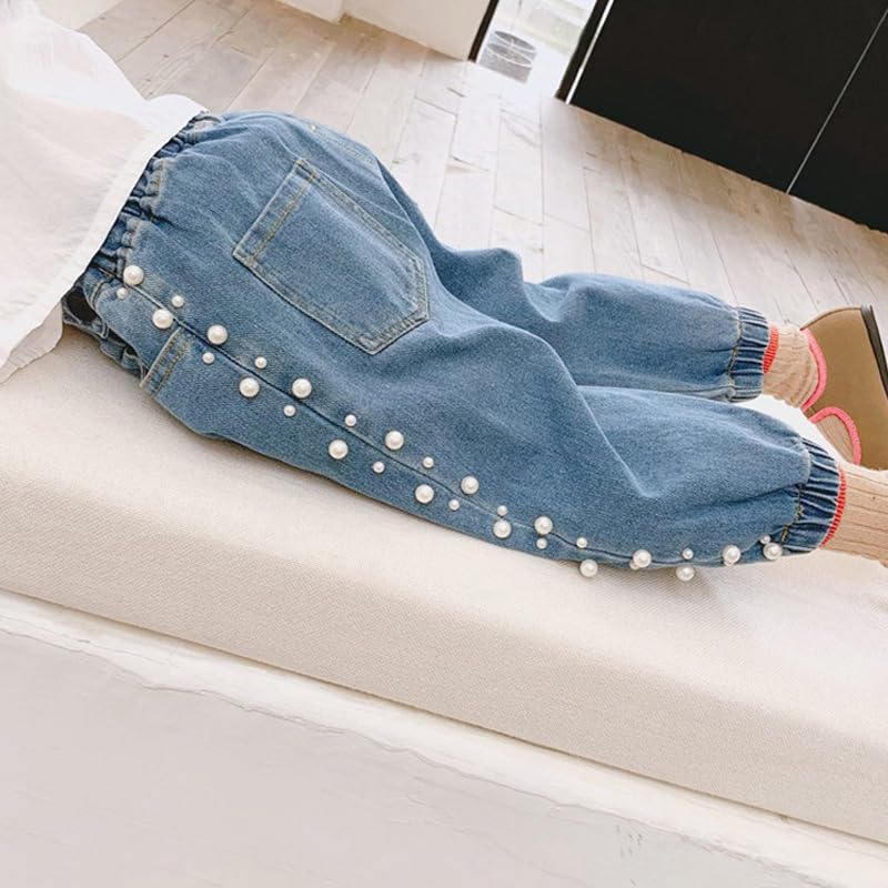 Girls Pearl Denim Jeans Soft Pants Leg Elastic Band Casual with Pockets Kids2